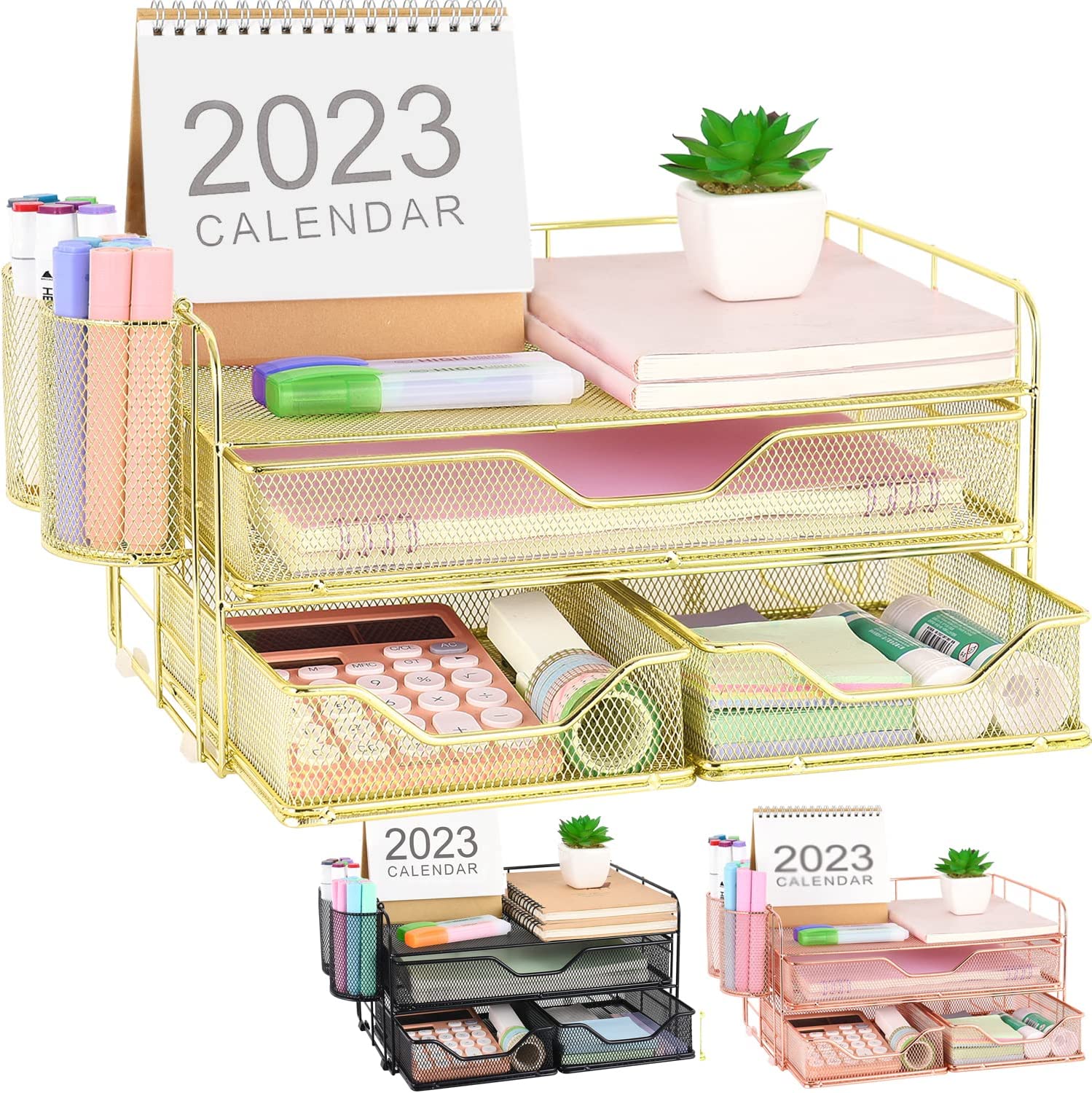 230816025732635_1 gianotter Desk Organizers and Accessories, Office Supplies Desktop Organizer with Drawers and 2 Pen Holder, Desk accessories & workspace organizers (Black) - Image 1